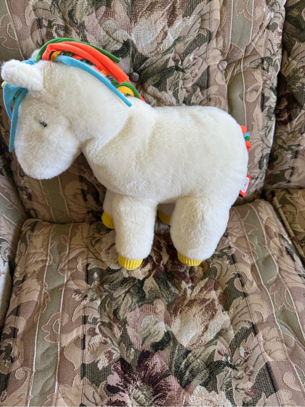 Cream Plush Unicorn with Rainbow Mane and Yellow Hooves - Kids Stuffed Animal
